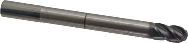 Accupro - 12mm Diam, 22mm LOC, 4 Flute Solid Carbide Ball End Mill - AlTiN Finish, Single End, 130mm OAL, 12mm Shank Diam, Spiral Flute - USA Tool & Supply