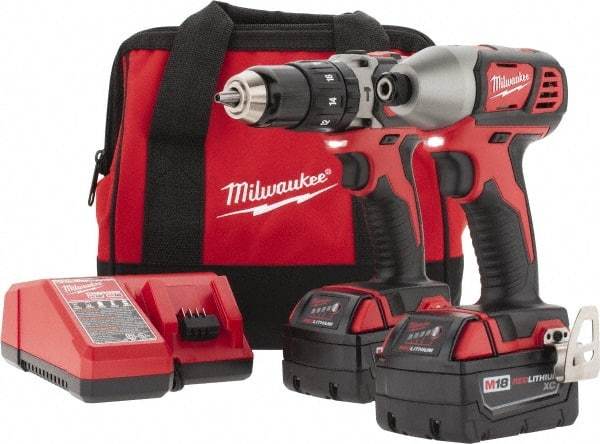 Milwaukee Tool - 18 Volt Cordless Tool Combination Kit - Includes 1/2" Hammer Drill & 1/4" Hex Compact Impact Driver, 2 Lithium-Ion Batteries Included - USA Tool & Supply