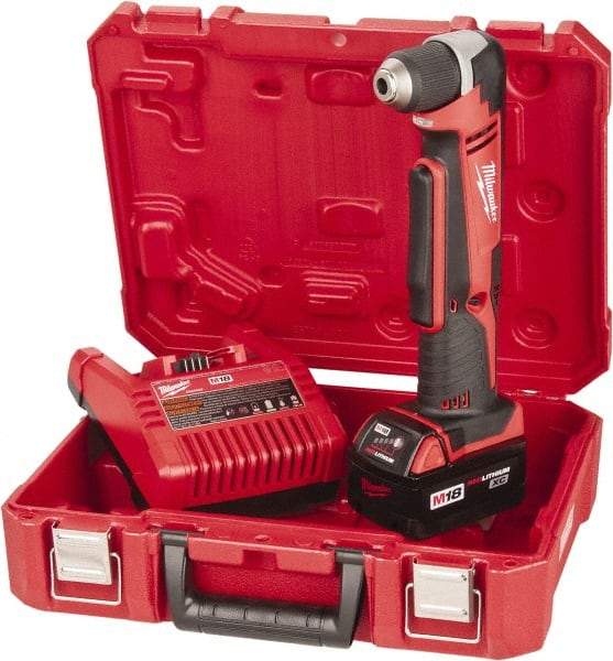 Milwaukee Tool - 18 Volt 3/8" Chuck Right Angle Handle Cordless Drill - 0-1500 RPM, Keyless Chuck, Reversible, 1 Lithium-Ion Battery Included - USA Tool & Supply