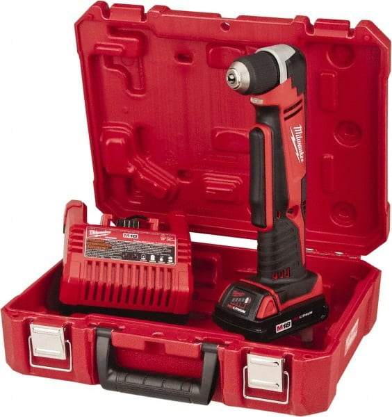 Milwaukee Tool - 18 Volt 3/8" Chuck Right Angle Handle Cordless Drill - 0-1500 RPM, Keyless Chuck, Reversible, 1 Lithium-Ion Battery Included - USA Tool & Supply