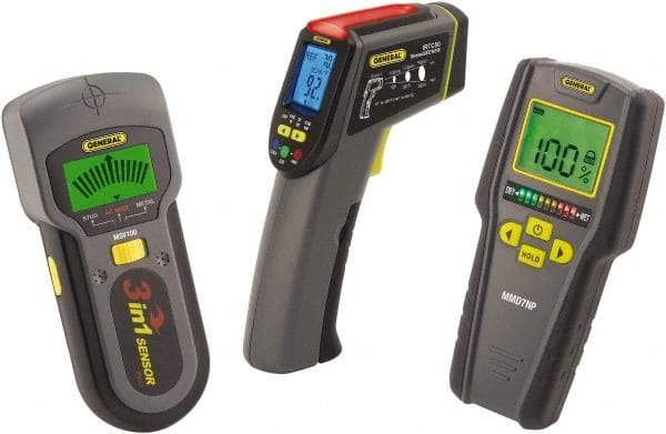 General - 40 to 104°F Operating Temp, Home Inspector Kit - LCD Display, Includes MMD7NP - Pinless Moisture Meter, IRTC50 - Scanning IR Thermometer, MSV100 - Metal/Stud/Voltage Detector, (3) Batteries, Soft Case - USA Tool & Supply