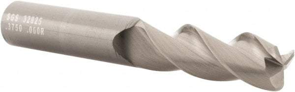 SGS - 3/8", 3 Flute, Single End, Solid Carbide, 0.06" Corner Radius End Mill - 2-1/2" OAL, 38° Helix, Right Hand Flute, 1" LOC, Right Hand Cut - USA Tool & Supply