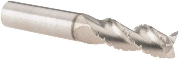 SGS - 3/8" Diam, 1" LOC, 3 Flute Solid Carbide 0.01" Corner Radius Roughing End Mill - TiB2 Finish, 2-1/2" OAL, 3/8" Shank Diam, Single End, Centercutting, 38° Helix - USA Tool & Supply