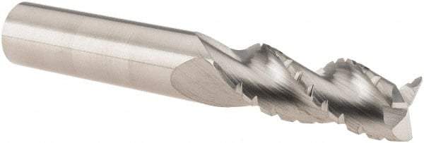 SGS - 3/8" Diam, 1" LOC, 3 Flute Solid Carbide 0.01" Corner Radius Roughing End Mill - Uncoated, 2-1/2" OAL, 3/8" Shank Diam, Single End, Centercutting, 38° Helix - USA Tool & Supply