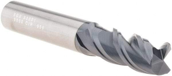 SGS - 1/2", 3 Flute, Single End, Solid Carbide, 0.03" Corner Radius End Mill - 3-1/4" OAL, Right Hand Flute, 1-1/4" LOC, Right Hand Cut - USA Tool & Supply