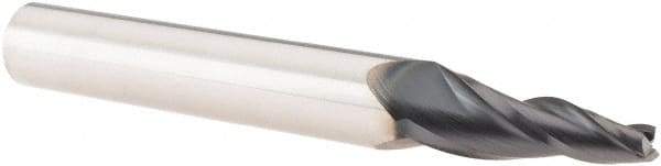 SGS - 7° Taper Angle per Side, 1/16" Small End Diam, 1-1/4" LOC, Solid Carbide 3 Flute Tapered Square End Mill - AlTiN Finish, 4" OAL, 1/2" Shank Diam, Spiral Flute, 28° Helix - USA Tool & Supply