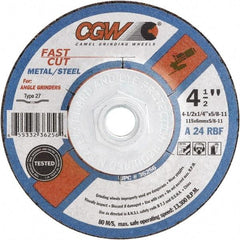 Camel Grinding Wheels - 24 Grit, 5" Wheel Diam, 1/4" Wheel Thickness, Type 27 Depressed Center Wheel - Coarse Grade, Aluminum Oxide, Resinoid Bond, 12,250 Max RPM - USA Tool & Supply