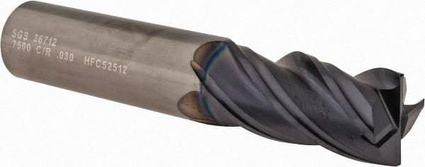 SGS - 3/4", 4 Flute, Single End, Solid Carbide, 0.03" Corner Radius End Mill - 4" OAL, Right Hand Flute, 1-1/2" LOC, Right Hand Cut - USA Tool & Supply
