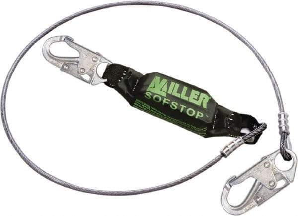 Miller - 6' Long, 310 Lb Capacity, 1 Leg Locking Snap Hook Harness Shock Absorbing Lanyard - 1-1/2" Diam, Vinyl Coated Wire Rope, Locking Snap Hook Anchorage Connection - USA Tool & Supply
