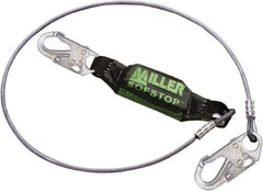 Miller - 6' Long, 310 Lb Capacity, 1 Leg Locking Snap Hook Harness Shock Absorbing Lanyard - 1-1/2" Diam, Vinyl Coated Wire Rope, Locking Snap Hook Anchorage Connection - USA Tool & Supply