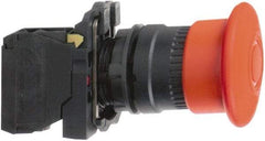 Schneider Electric - 22mm Mount Hole, Extended Mushroom Head, Pushbutton Switch with Contact Block - Round, Red Pushbutton, Maintained (MA), Momentary (MO) - USA Tool & Supply