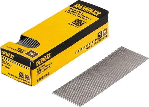 DeWALT - 18 Gauge 1-1/2" Long Finishing Nails for Power Nailers - Steel, Bright Finish, Smooth Shank, Straight Stick Collation, Brad Head, Chisel Point - USA Tool & Supply