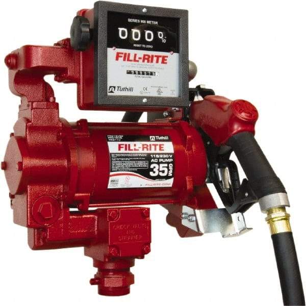 Tuthill - 35 GPM, 1" Hose Diam, Gasoline, Kerosene & Diesel Fuel AC High Flow Tank Pump with Auto Nozzle & 901 Meter - Cast Iron Pump, 1-1/4" Inlet, 1" Outlet, 115/230 Volts, 18' Hose Length, 3/4 hp - USA Tool & Supply