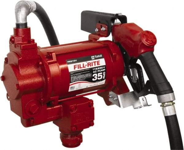 Tuthill - 35 GPM, 1" Hose Diam, Gasoline, Kerosene & Diesel Fuel AC High Flow Tank Pump with Auto Nozzle - Cast Iron Pump, 1-1/4" Inlet, 1" Outlet, 115/230 Volts, 18' Hose Length, 3/4 hp - USA Tool & Supply