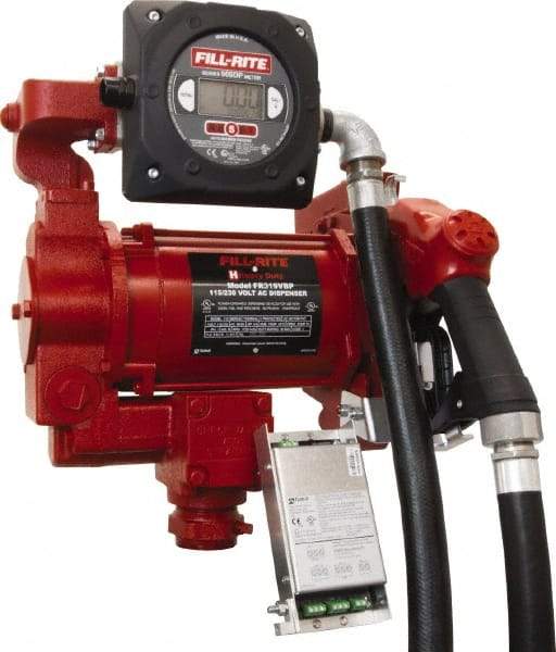 Tuthill - 27 GPM, 1" Hose Diam, Gasoline, Kerosene & Diesel Fuel AC High Flow Tank Pump with Automatic Nozzle & 900D Meter - Cast Iron Pump, 1-1/4" Inlet, 1" Outlet, 115/230 Volts, 18' Hose Length, 3/4 hp - USA Tool & Supply