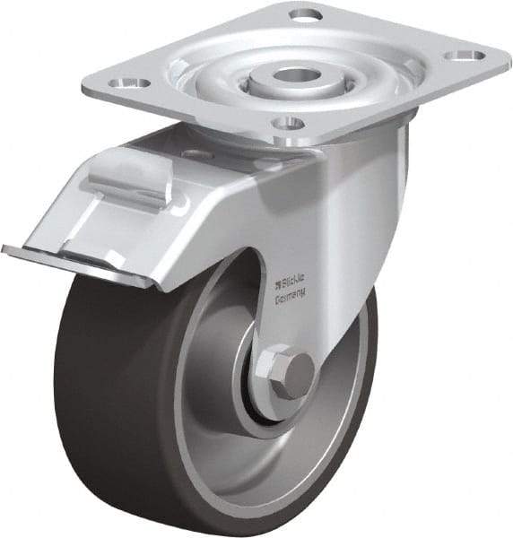 Blickle - 4" Diam x 1-9/16" Wide x 4-59/64" OAH Top Plate Mount Swivel Caster with Brake - Polyurethane-Elastomer, 220 Lb Capacity, Plain Bore Bearing, 3-15/16 x 3-3/8" Plate - USA Tool & Supply