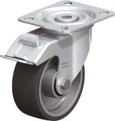 Blickle - 4" Diam x 1-9/16" Wide x 4-59/64" OAH Top Plate Mount Swivel Caster with Brake - Polyurethane-Elastomer, 220 Lb Capacity, Plain Bore Bearing, 3-15/16 x 3-3/8" Plate - USA Tool & Supply