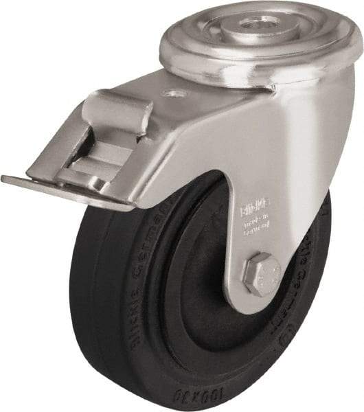 Blickle - 4" Diam x 1-3/16" Wide x 4-59/64" OAH Hollow Kingpin Mount Swivel Caster with Brake - Heat-Resistant Solid Rubber, 220 Lb Capacity, Plain Bore Bearing, Hollow Kingpin Stem - USA Tool & Supply