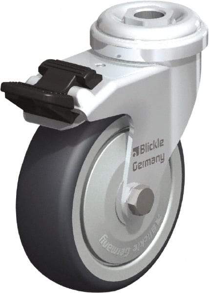 Blickle - 3" Diam x 63/64" Wide x 3-27/32" OAH Hollow Kingpin Mount Swivel Caster with Brake - Rubber Elastomer (TPE), 165 Lb Capacity, Ball Bearing, Hollow Kingpin Stem - USA Tool & Supply