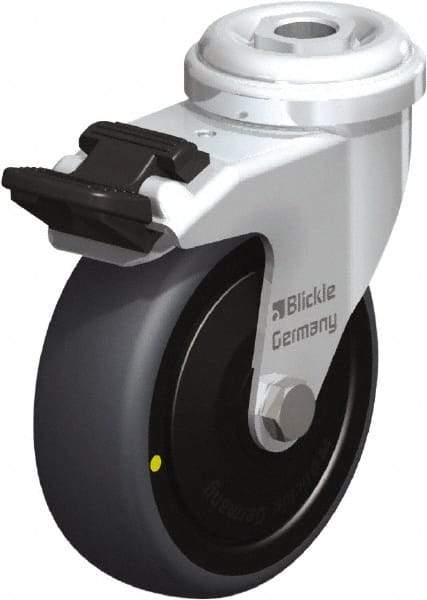 Blickle - 3" Diam x 63/64" Wide x 3-27/32" OAH Hollow Kingpin Mount Swivel Caster with Brake - Rubber Elastomer (TPE), 110 Lb Capacity, Ball Bearing, Hollow Kingpin Stem - USA Tool & Supply