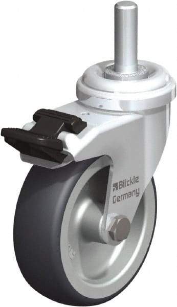 Blickle - 3" Diam x 63/64" Wide x 3-27/32" OAH Stem Mount Swivel Caster with Brake - Rubber Elastomer (TPE), 165 Lb Capacity, Plain Bore Bearing, 3/8" Threaded Stem - USA Tool & Supply