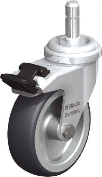 Blickle - 3" Diam x 63/64" Wide x 3-55/64" OAH Stem Mount Swivel Caster with Brake - Rubber Elastomer (TPE), 165 Lb Capacity, Plain Bore Bearing, Friction Stem - USA Tool & Supply