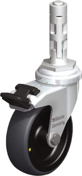 Blickle - 3" Diam x 63/64" Wide x 4" OAH Metal Expander Mount Swivel Caster with Brake - Rubber Elastomer (TPE), 110 Lb Capacity, Plain Bore Bearing, Metal Expander Stem - USA Tool & Supply