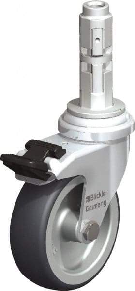 Blickle - 3" Diam x 63/64" Wide x 4" OAH Metal Expander Mount Swivel Caster with Brake - Rubber Elastomer (TPE), 165 Lb Capacity, Plain Bore Bearing, Metal Expander Stem - USA Tool & Supply