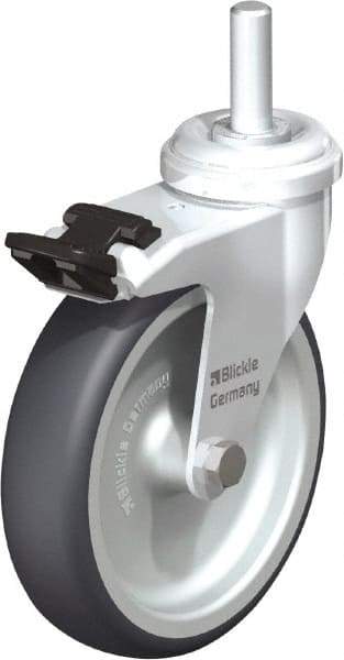 Blickle - 4" Diam x 63/64" Wide x 4-3/4" OAH Stem Mount Swivel Caster with Brake - Rubber Elastomer (TPE), 154 Lb Capacity, Plain Bore Bearing, 3/8" Threaded Stem - USA Tool & Supply