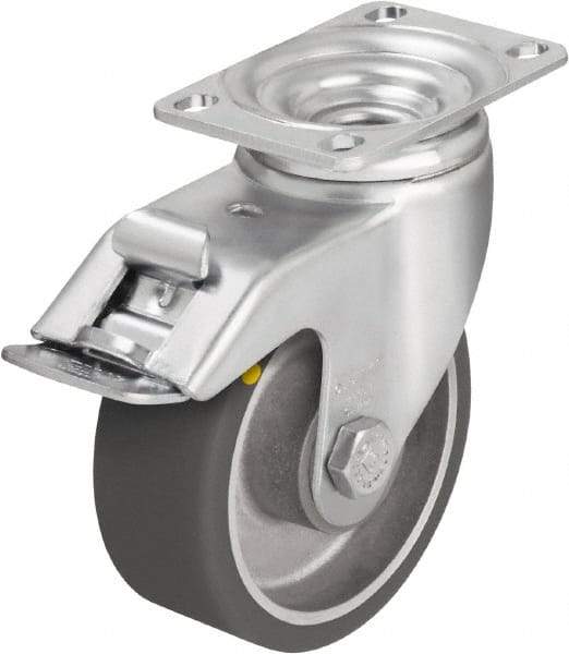 Blickle - 5" Diam x 1-9/16" Wide x 6-1/8" OAH Top Plate Mount Swivel Caster with Brake - Polyurethane-Elastomer Blickle Softhane, 400 Lb Capacity, Ball Bearing, 3-5/8 x 2-1/2" Plate - USA Tool & Supply