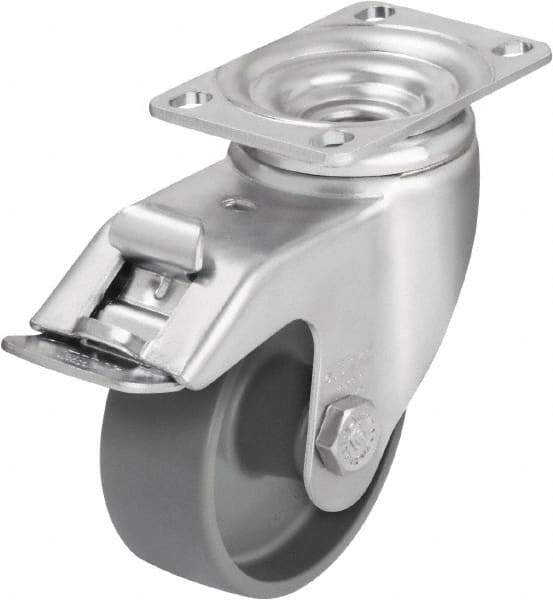 Blickle - 3-1/2" Diam x 1-1/4" Wide x 4-11/16" OAH Top Plate Mount Swivel Caster with Brake - Impact-Resistant Nylon, 400 Lb Capacity, Plain Bore Bearing, 3-5/8 x 2-1/2" Plate - USA Tool & Supply