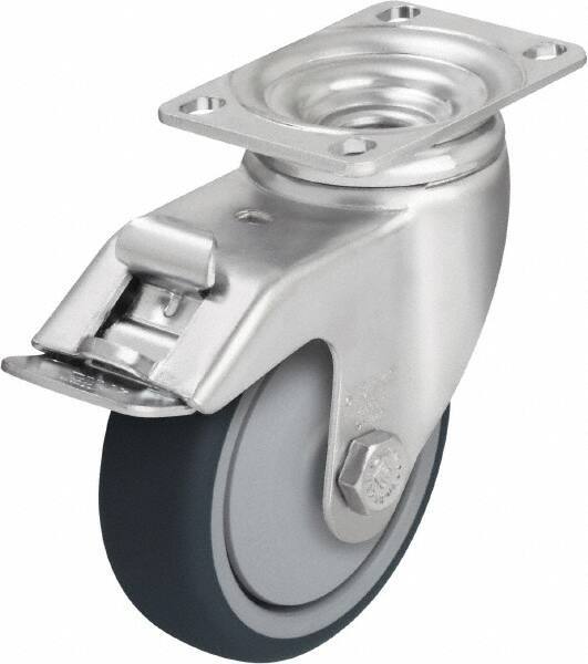 Blickle - 5" Diam x 1-1/4" Wide x 6-1/8" OAH Top Plate Mount Swivel Caster with Brake - Thermoplastic Polyurethane, 400 Lb Capacity, Ball Bearing, 3-5/8 x 2-1/2" Plate - USA Tool & Supply