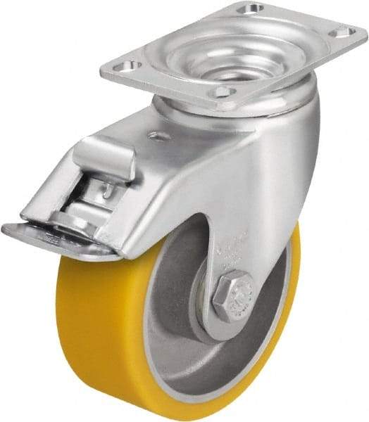 Blickle - 5" Diam x 1-9/16" Wide x 6-1/8" OAH Top Plate Mount Swivel Caster with Brake - Polyurethane-Elastomer Blickle Softhane, 400 Lb Capacity, Ball Bearing, 3-5/8 x 2-1/2" Plate - USA Tool & Supply