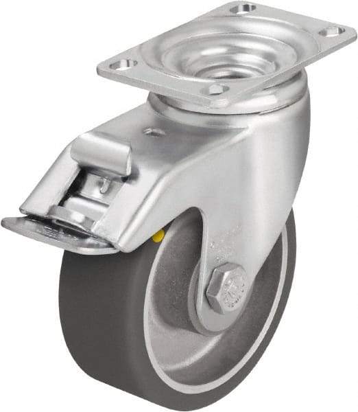 Blickle - 4" Diam x 1-9/16" Wide x 5-1/8" OAH Top Plate Mount Swivel Caster with Brake - Polyurethane-Elastomer Blickle Softhane, 400 Lb Capacity, Ball Bearing, 3-5/8 x 2-1/2" Plate - USA Tool & Supply