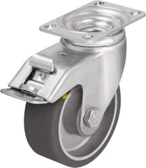 Blickle - 4" Diam x 1-9/16" Wide x 5-1/8" OAH Top Plate Mount Swivel Caster with Brake - Polyurethane-Elastomer Blickle Softhane, 400 Lb Capacity, Ball Bearing, 3-5/8 x 2-1/2" Plate - USA Tool & Supply