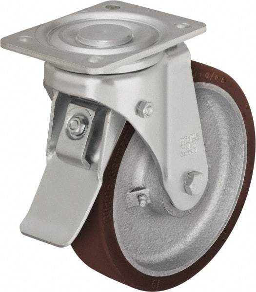 Blickle - 10" Diam x 2-23/64" Wide x 11-39/64" OAH Top Plate Mount Swivel Caster with Brake - Polyurethane-Elastomer Blickle Besthane, 1,980 Lb Capacity, Ball Bearing, 5-1/2 x 4-3/8" Plate - USA Tool & Supply