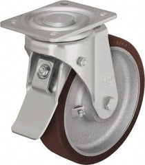 Blickle - 8" Diam x 3-9/64" Wide x 9-41/64" OAH Top Plate Mount Swivel Caster with Brake - Polyurethane-Elastomer Blickle Besthane, 1,760 Lb Capacity, Ball Bearing, 5-1/2 x 4-3/8" Plate - USA Tool & Supply