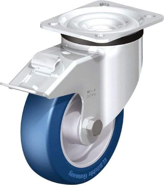 Blickle - 5" Diam x 1-37/64" Wide x 6-7/64" OAH Top Plate Mount Swivel Caster with Brake - Polyurethane-Elastomer Blickle Besthane, 770 Lb Capacity, Ball Bearing, 3-15/16 x 3-3/8" Plate - USA Tool & Supply