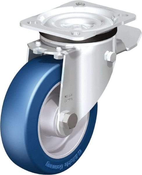 Blickle - 5" Diam x 1-37/64" Wide x 6-7/64" OAH Top Plate Mount Swivel Caster with Brake - Polyurethane-Elastomer Blickle Besthane, 770 Lb Capacity, Ball Bearing, 3-15/16 x 3-3/8" Plate - USA Tool & Supply