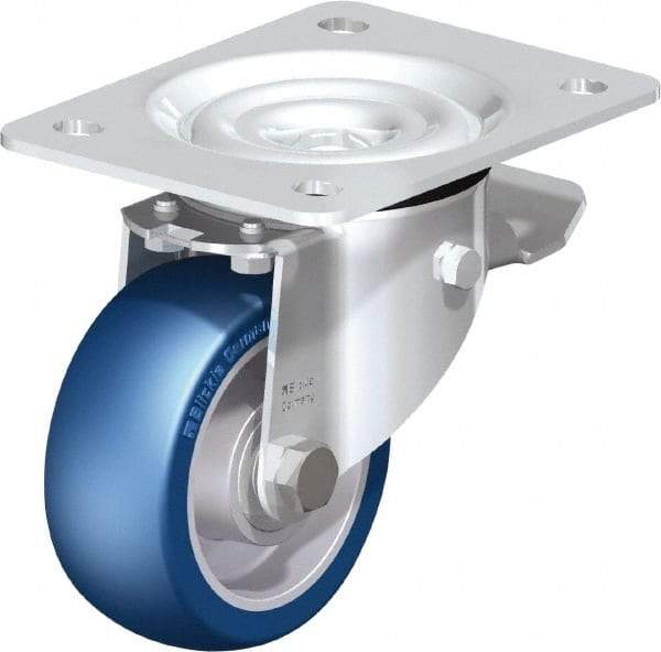 Blickle - 4" Diam x 1-37/64" Wide x 5-7/64" OAH Top Plate Mount Swivel Caster with Brake - Polyurethane-Elastomer Blickle Besthane, 660 Lb Capacity, Ball Bearing, 5-1/2 x 4-3/8" Plate - USA Tool & Supply