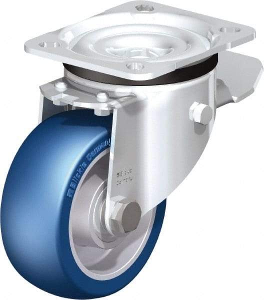 Blickle - 4" Diam x 1-37/64" Wide x 5-7/64" OAH Top Plate Mount Swivel Caster with Brake - Polyurethane-Elastomer Blickle Besthane, 660 Lb Capacity, Ball Bearing, 3-15/16 x 3-3/8" Plate - USA Tool & Supply