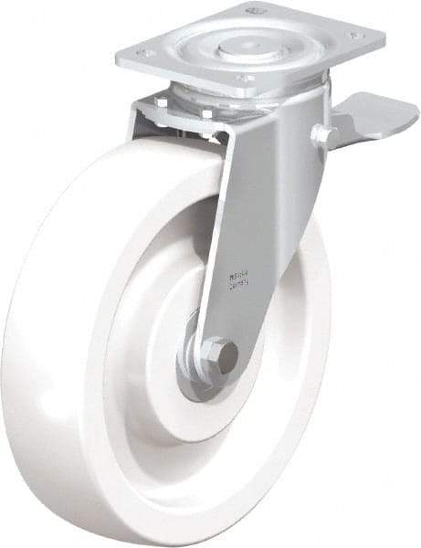 Blickle - 10" Diam x 2-9/16" Wide x 11-39/64" OAH Top Plate Mount Swivel Caster with Brake - Impact-Resistant Nylon, 1,980 Lb Capacity, Ball Bearing, 5-1/2 x 4-3/8" Plate - USA Tool & Supply