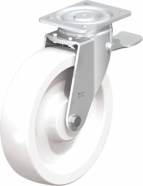 Blickle - 10" Diam x 2-9/16" Wide x 11-39/64" OAH Top Plate Mount Swivel Caster with Brake - Impact-Resistant Nylon, 1,980 Lb Capacity, Plain Bore Bearing, 5-1/2 x 4-3/8" Plate - USA Tool & Supply