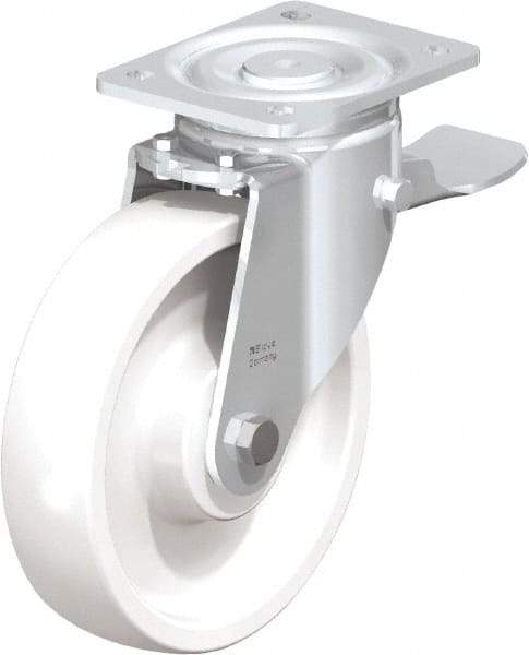 Blickle - 8" Diam x 1-31/32" Wide x 9-41/64" OAH Top Plate Mount Swivel Caster with Brake - Impact-Resistant Nylon, 1,980 Lb Capacity, Ball Bearing, 5-1/2 x 4-3/8" Plate - USA Tool & Supply