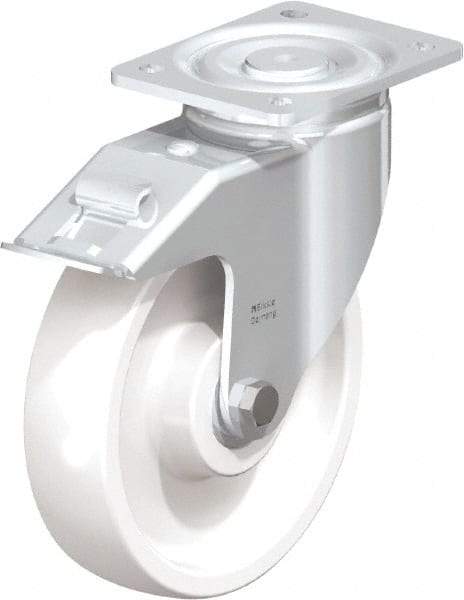 Blickle - 8" Diam x 1-31/32" Wide x 9-41/64" OAH Top Plate Mount Swivel Caster with Brake - Impact-Resistant Nylon, 1,980 Lb Capacity, Ball Bearing, 5-1/2 x 4-3/8" Plate - USA Tool & Supply