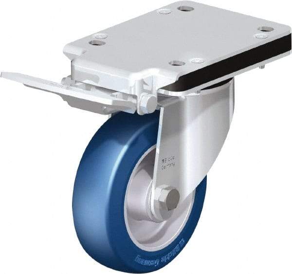 Blickle - 5" Diam x 1-37/64" Wide x 5-25/32" OAH Top Plate Mount Swivel Caster with Brake - Polyurethane-Elastomer Blickle Besthane, 770 Lb Capacity, Ball Bearing, 5-1/2 x 4-3/8" Plate - USA Tool & Supply