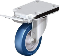Blickle - 5" Diam x 1-37/64" Wide x 5-25/32" OAH Top Plate Mount Swivel Caster with Brake - Polyurethane-Elastomer Blickle Besthane, 770 Lb Capacity, Ball Bearing, 5-1/2 x 4-3/8" Plate - USA Tool & Supply
