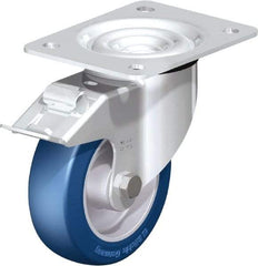 Blickle - 5" Diam x 1-37/64" Wide x 6-7/64" OAH Top Plate Mount Swivel Caster with Brake - Polyurethane-Elastomer Blickle Besthane, 770 Lb Capacity, Ball Bearing, 5-1/2 x 4-3/8" Plate - USA Tool & Supply
