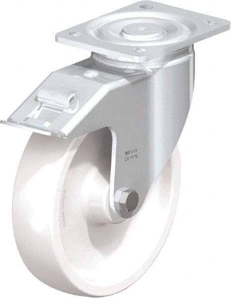 Blickle - 8" Diam x 1-31/32" Wide x 9-41/64" OAH Top Plate Mount Swivel Caster with Brake - Impact-Resistant Nylon, 1,980 Lb Capacity, Plain Bore Bearing, 5-1/2 x 4-3/8" Plate - USA Tool & Supply