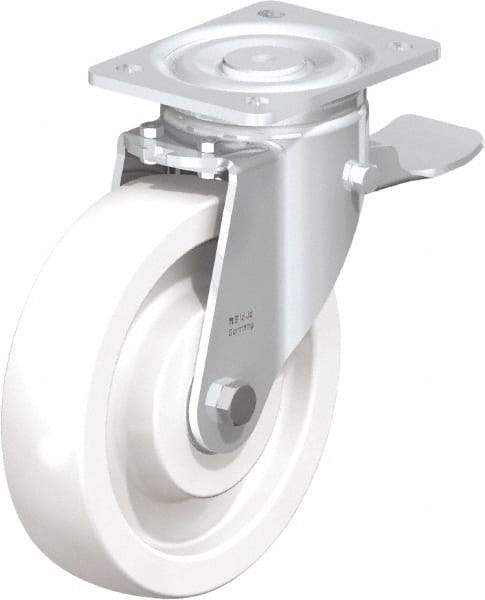 Blickle - 8" Diam x 1-31/32" Wide x 9-41/64" OAH Top Plate Mount Swivel Caster with Brake - Impact-Resistant Nylon, 1,980 Lb Capacity, Ball Bearing, 5-1/2 x 4-3/8" Plate - USA Tool & Supply